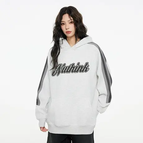 Nuthink美式潮牌拼接加绒加厚插肩袖卫衣男潮流宽松连帽外套春季图片