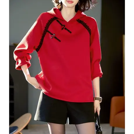 宝诗黎连帽蕾丝拼接慵懒卫衣2024春季中国风牛角扣休闲上衣女装商品大图