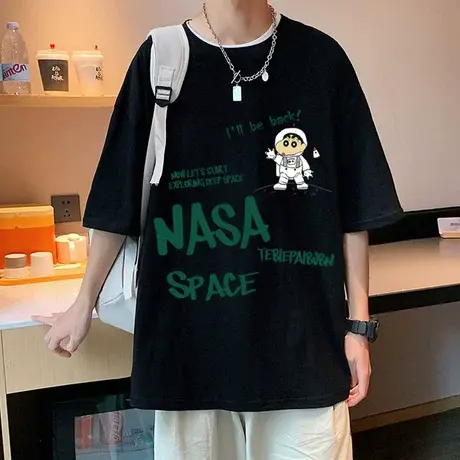 夏季短袖t恤男潮牌宽松港风ins潮流白色重磅纯棉蜡笔小新半袖体恤图片