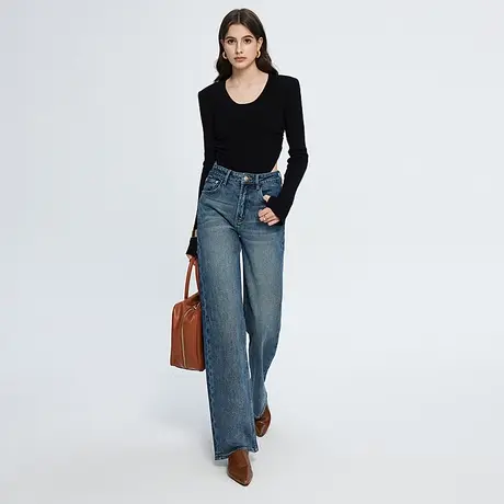 美式复古磨白牛仔阔腿裤女2024春季新款显瘦百搭高腰宽松老爹长裤图片