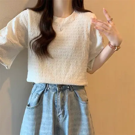ins超火褶皱泡泡袖T恤女2024新款早春夏季设计感短袖上衣打底小衫商品大图