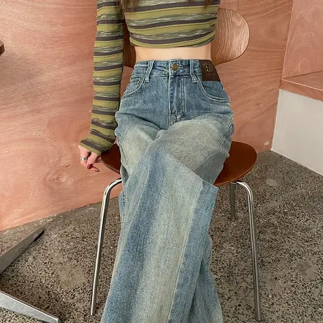 复古磨白牛仔裤女2024春秋新款高腰阔腿显高显瘦窄版直筒拖地长裤商品大图