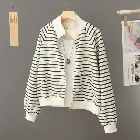 休闲工装夹克条纹短外套女宽松立领短款早春2024年新款女春秋上衣图片
