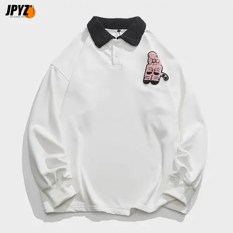 春秋季男士个性卡通绣花情侣长袖Polo衫TEE宽松上衣美式休闲潮流商品大图
