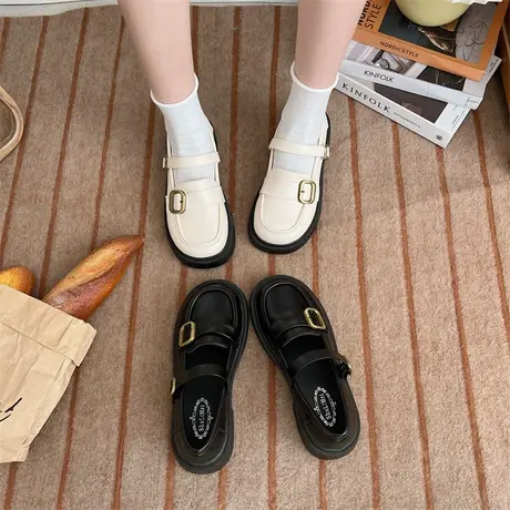 法式粗跟玛丽珍鞋女2024年春秋季新款复古百搭浅口一字扣小皮鞋潮商品大图