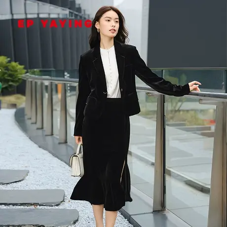 EP雅莹女装 收腰一粒扣丝绒西装套装 2024春装新品1116A商品大图
