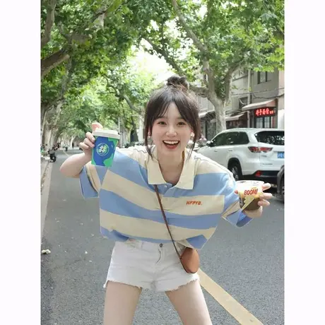 polo衫条纹短袖t恤女ins潮牌夏季宽松设计感小众港味复古chic上衣图片