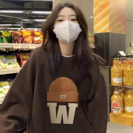 美式复古圆领卫衣女2024春秋薄款小个子宽松慵懒风oversize上衣潮商品大图