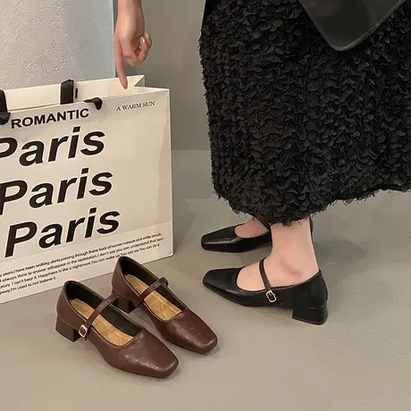 法式晚晚单鞋女2024新款春秋韩版洋气复古高级感黑色粗跟玛丽珍鞋商品大图