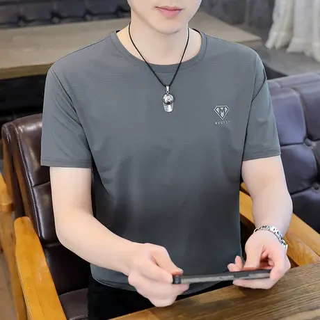 夏季短袖男士t恤冰丝纯色韩版潮流印花青年爸爸装大码圆领打底衫商品大图