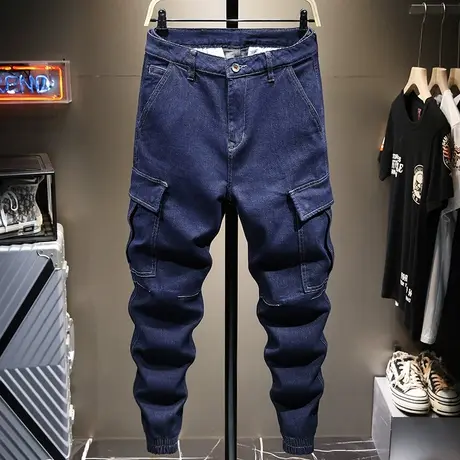 夏季薄款蓝色工装牛仔裤男潮牌宽松束脚哈伦裤韩版潮流多口袋长裤商品大图