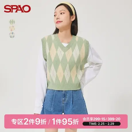 SPAO女士马甲春季新款时尚菱形格纹韩国同款针织马甲SPKVC12G01商品大图