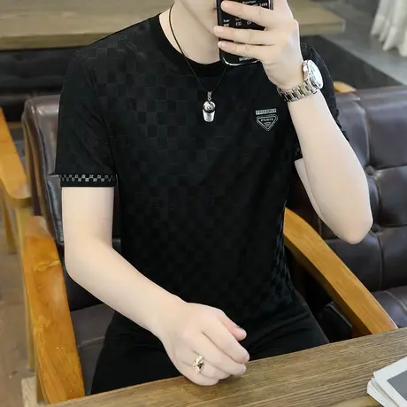 男士短袖T恤冰丝高端烫钻欧货男装夏季薄款冰感透气半袖体恤上衣T商品大图