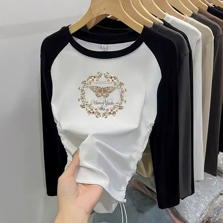 圆领长袖t恤女早春秋季拼色插肩袖抽绳收腰显瘦修身打底衫美式图片
