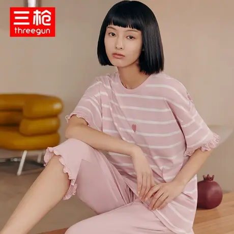 三枪女式纯棉家居服套装春夏短袖中裤圆领宽松透气荷叶边睡衣睡裤图片