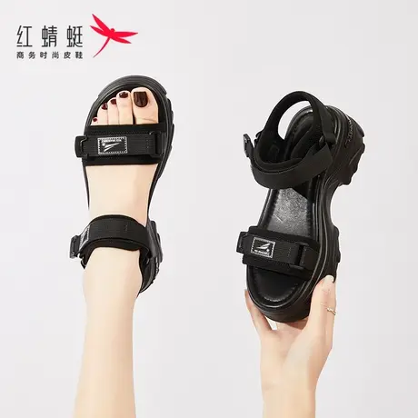 红蜻蜓厚底凉鞋夏季女款2023年新款黑色运动软底时尚女士沙滩女鞋商品大图