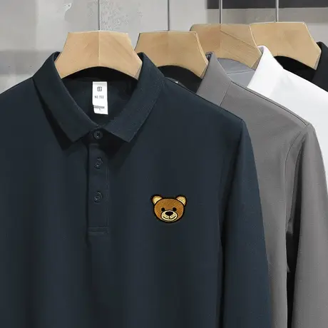 珠地棉保罗polo衫男长袖t恤翻领2023新款小熊带领打底衫有领秋衣商品大图