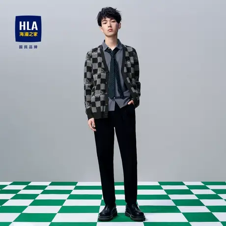 HLA/海澜之家Qee联名双领针织衫2023年时尚格纹假两件开衫外套男商品大图