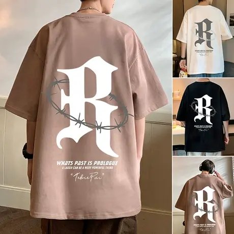 纯棉vintage短袖T恤男夏季宽松2023新款上衣半袖美式高街潮牌体恤商品大图