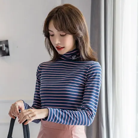 双面绒高领打底衫女长袖2023秋冬新款彩色条纹T恤速暖保暖上衣商品大图