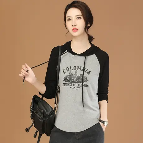 韩潮袭人连帽印花休闲长袖T恤女2023秋季新款撞色拼接打底衫上衣图片