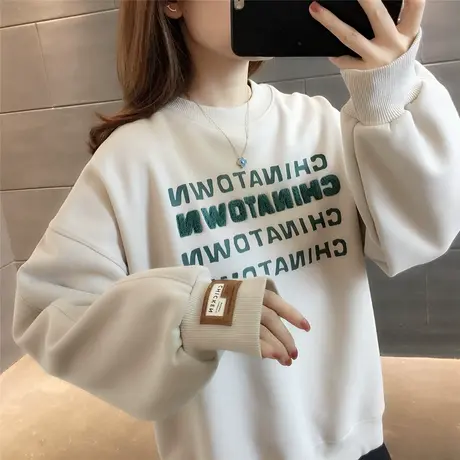 长袖设计感外套上衣字母印花女宽松2023年圆领百搭学院风休闲卫衣图片