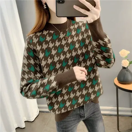 2023年秋冬新款毛衣女千鸟格针织衫宽松内搭加厚半高领打底衫女图片