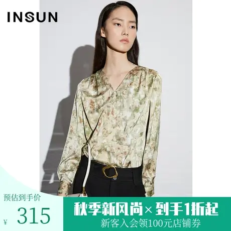 恩裳COVER2023年春款新款雪纺绒抽象印花上衣交搭式斜门襟V领衬衫图片