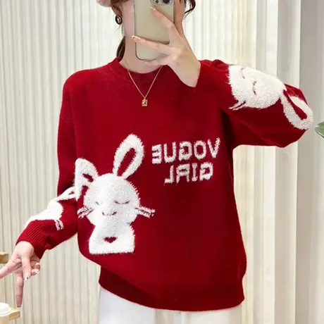 秋冬新款圆领卡通兔子红色毛衣打底衫针织衫宽松加厚内搭外穿商品大图