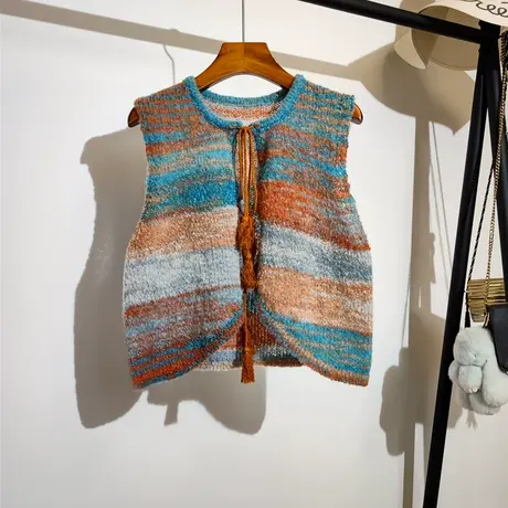 系带针织马甲开衫女秋冬新款韩系叠穿设计感彩色渐变毛衣背心外穿商品大图