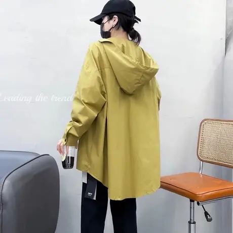 韩版中长款纯色连帽风衣女款BF风宽松休闲百搭简约春秋季大码外套图片