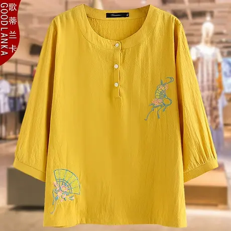 加肥加大码中老年夏装棉麻t恤女宽松洋气妈妈装刺绣七分袖T恤上衣商品大图