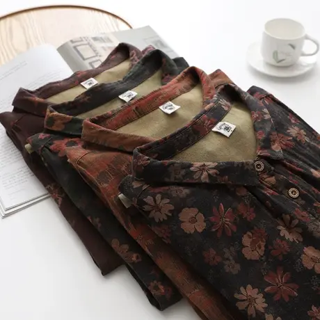 春秋新款韩版复古全棉印花衬衫女翻领长袖打底衬衣宽松碎花棉上衣图片