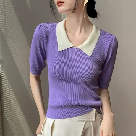 法式撞色POLO领针织短袖T恤女夏高级感欧货洋气修身收腰透气上衣商品大图