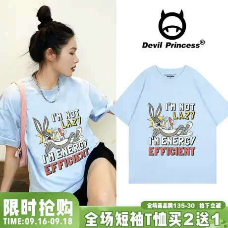 2023夏季新款奶系天蓝色短袖女t恤vintage卡通学院风百搭正肩上衣商品大图