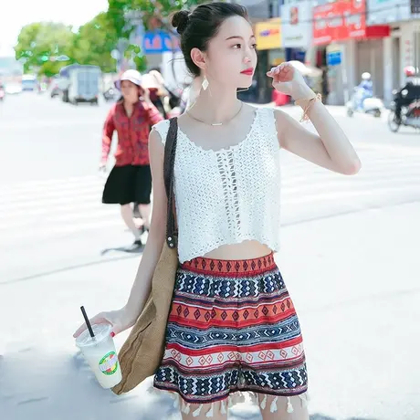 夏季女装松紧高腰显瘦波西米亚流苏雪纺短裤休闲裤子热海边度假图片