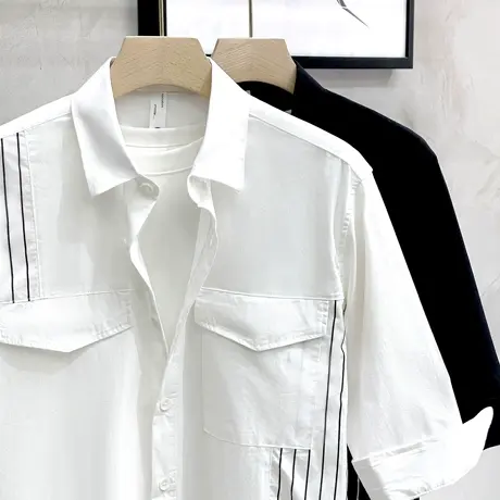 条纹拼接衬衣长袖男士宽松休闲男装上衣五分袖半袖衬衫男夏季薄款商品大图