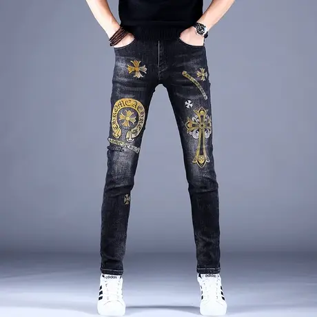 2023年新款男士高端弹力印花牛仔裤男潮牌秋款休闲裤子男修身小脚商品大图