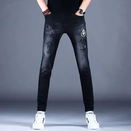 2023男士新款百搭牛仔裤子黑色百搭修身精致刺绣小脚裤棉弹男潮牌商品大图