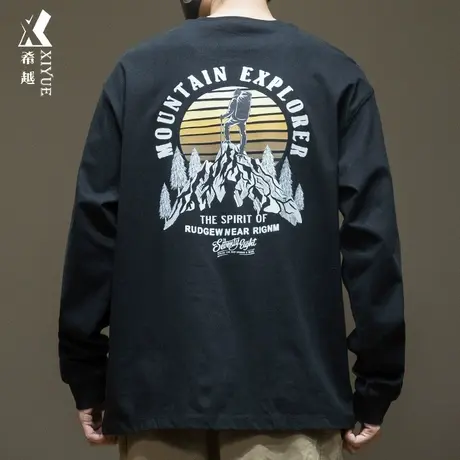 希越260克精梳棉长袖T恤男秋季后背登山图案宽松大码胖子纯棉上衣商品大图