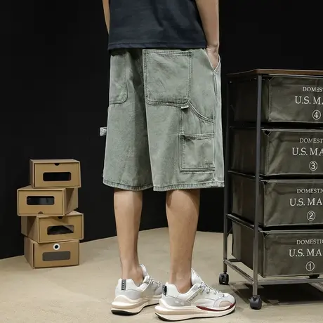多袋工装牛仔短裤男夏季潮牌2023新款宽松大码5分裤子男士五分裤商品大图