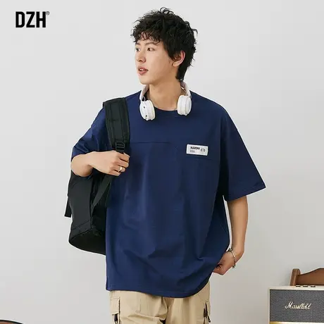 青少年藏青色短袖t恤男潮牌潮流2023新款纯棉半袖男款宽松五分袖商品大图