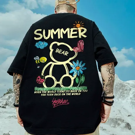 oversize国潮小熊大码短袖T恤男ins潮牌情侣半袖宽松大码男装潮流商品大图