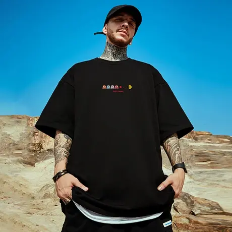 300g重磅美式字母印花短袖t恤街头大码男装黑色圆领纯棉简约半袖商品大图