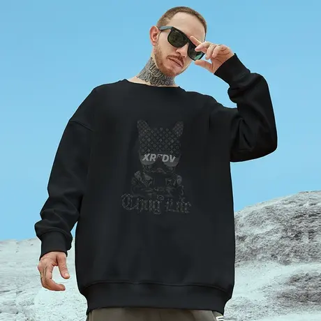 oversize港风圆领狗头卫衣男潮牌ins简约大码男装秋冬款加绒加厚商品大图