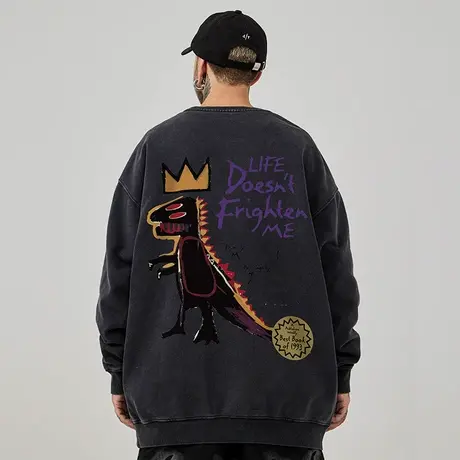 加肥加大码圆领美式重磅复古日系男装情侣宽松水洗做旧卫衣春秋季商品大图