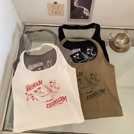 纯棉辣妹挂脖吊带背心女春夏季外穿修身短款打底内搭美背无袖上衣图片