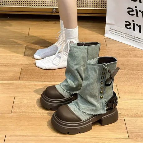 设计感小众牛仔布裤管靴女2023年秋季新款中筒烟筒短靴厚底马丁靴商品大图
