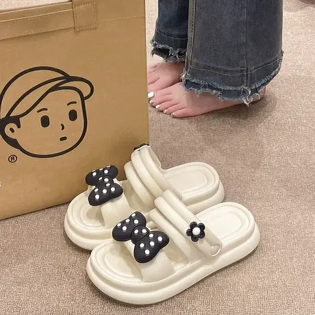 凉鞋女夏季可爱蝴蝶结网红外穿厚底防滑两穿沙滩EVA踩屎感凉拖鞋商品大图