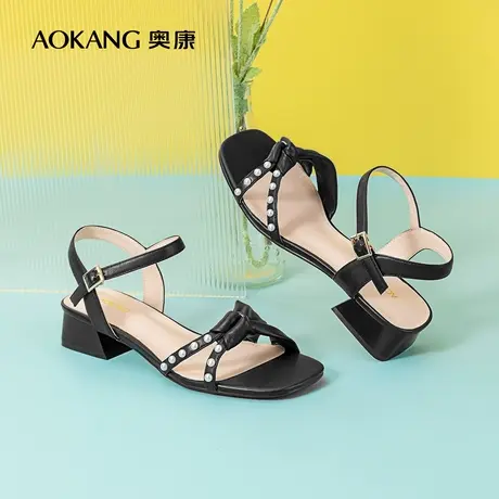 奥康女鞋 夏季气质百搭一字带仙女风粗跟珍珠时装中跟凉鞋图片